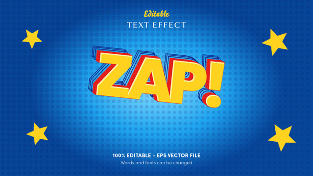 Zap comic pop text effect with sunny yellow letters, punchy red layered extrusion and cobalt echo lines