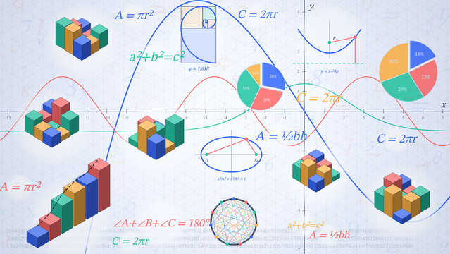 Mathematical formulas, geometric shapes, golden ratio spiral, and 3D charts on a light paper background for science education and data analytics procedurally created using JS , Canvas