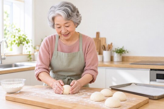 自宅でパン生地を丸く成形する日本人シニア女性