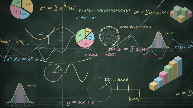 Mathematical formulas, calculus equations, statistical charts, and normal distribution graphs on a dark green chalkboard for science education and data analytics procedurally created using JS , Canvas