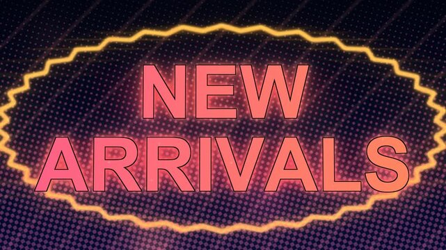 New Arrivals promotional text animation with laser light streak reveal in rose gold colors on halftone pattern background, 4K