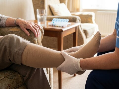 older adult compression sock assistance Elderly person receiving foot care from a healthcare worker in a cozy room.