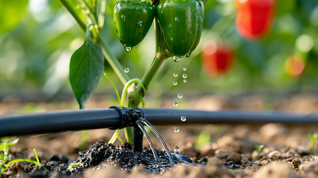 Drip irrigation line delivering water drops to the roots of a pepper plant in a greenhouse, close-up of a dripper nozzle and moist soil, glossy green and red peppers hanging above,