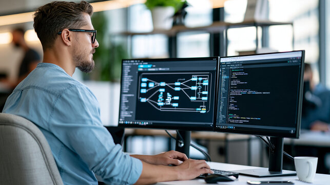 Over the shoulder view of a developer, cropped above the neck, working on a dual-monitor setup with an entity relationship diagram on one screen and a query editor on the other, mo
