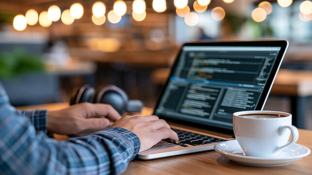 Developer working on a laptop at a cafe table, hands typing, screen showing database queries and result tables, coffee cup and headphones beside it, remote programming work, realis