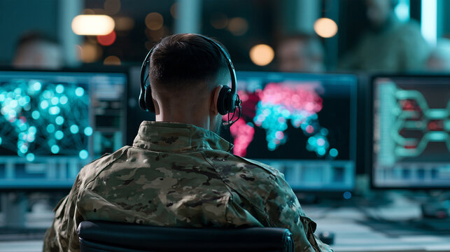 Rear shot of a soldier wearing a headset sitting in a dark military cyber warfare room, facing screens displaying glowing network nodes and global map overlays in vivid blue and pi