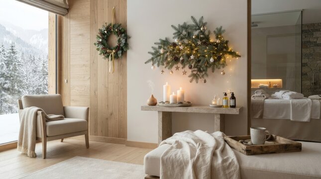 Cozy living room interior decorated for christmas with armchair and candles