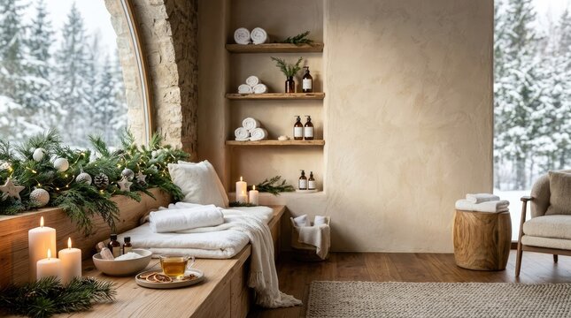 Cozy spa interior decorated for christmas with candles and snowy forest view