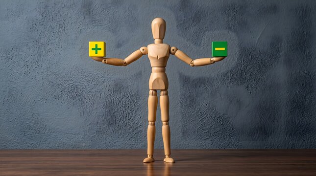 Mannequin holding plus and minus blocks.
