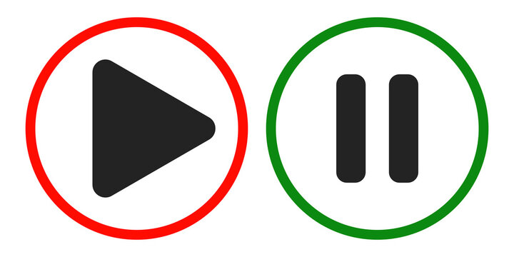 Play and pause button icons with red and green circular borders for media player interface control.