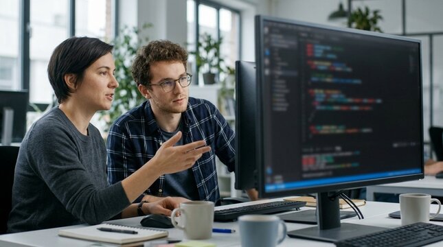 Code review session with two engineers and a large monitor, software quality assurance and team collaboration