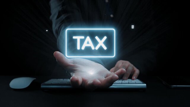 A hand extends towards glowing tax icons symbolizing finance, accounting, and business strategy. This image captures the essence of fiscal responsibility and planning. Qubit