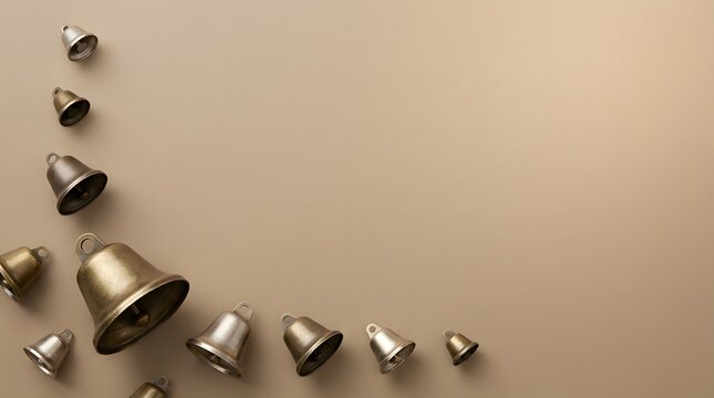 Antique brass bells arranged in a diagonal line on a neutral beige background