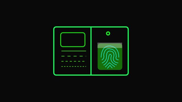 Fingerprint icon animation flashes access granted text on dark. Biometric authentication clears on fingerprint icon animation. Digital identity verification confirms on the icon animation.