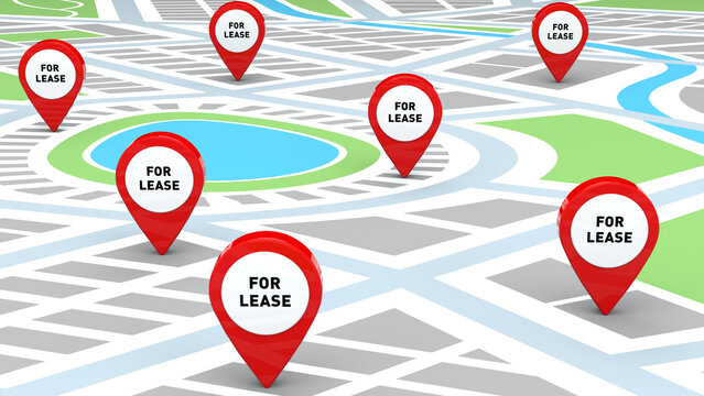Map of city with multiple red for lease property location markers