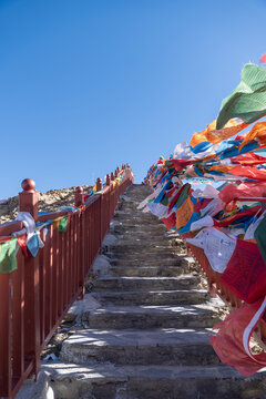 stairway to heaven with prayer flags in Tibet