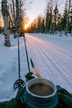 Cobalt steel cup filled with steaming tea on a snowy cross-country ski trail, featuring a low golden sun for winter tourism and travel