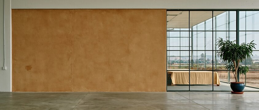 Contemporary office corridor with a mocha brown blank wall, a steel-framed window and smooth concrete floor for signage mockup and copy space
