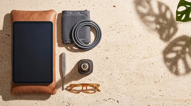 Flat lay of tablet in leather case with headphones and accessories on stone