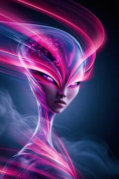 Futuristic alien woman with glowing pink light streaks on dark background. Close-up of female extraterrestrial face with large eyes. Sci-fi fantasy character concept. Digital art.