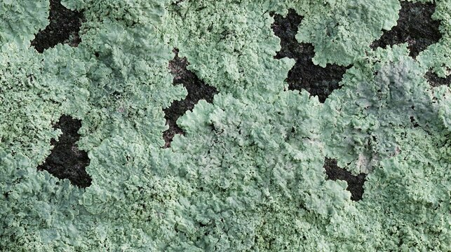 Macro view of pale grey green lichen with branching textured growth covering dark rough coastal rock, natural abstract surface pattern and weathered stone detail