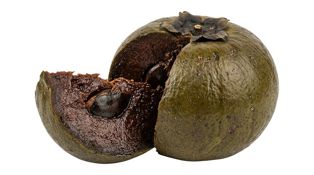 Whole and sliced black sapote showing rich chocolate-like pulp and seeds