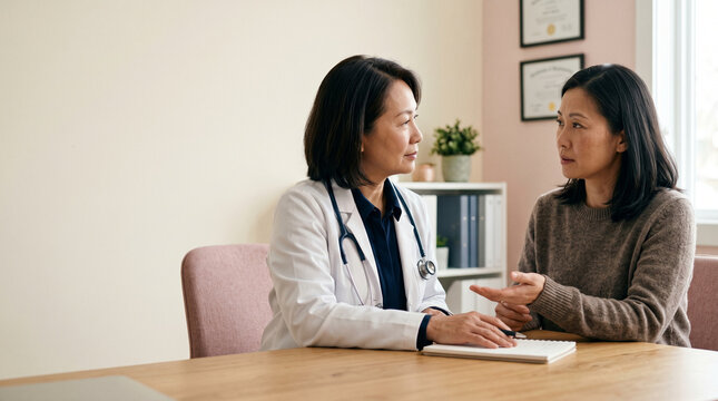 Professional physician consulting specialist in K providing empathetic care to an anxious patient during diagnostic health session