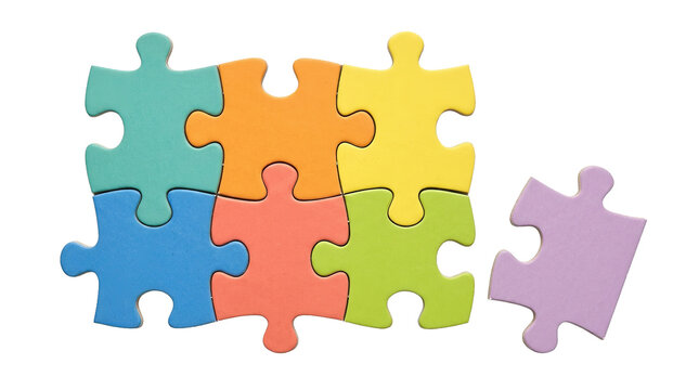 Colorful interlocking puzzle pieces with one missing piece on white background