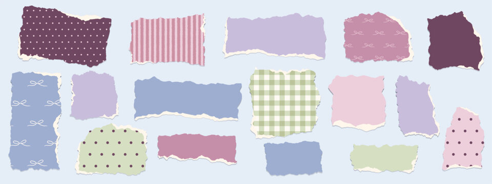 Pastel torn paper pieces feature gingham, stripes, dots, and solid colors. Perfect for scrapbook layouts, invitations, packaging, and social media graphics.