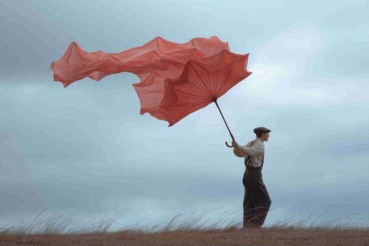 Person holds a large red umbrella in strong wind over an open field