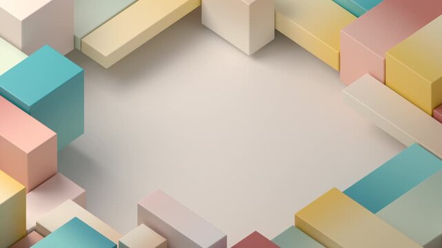 Pastel isometric blocks shifting around an empty center on a beige background, building and development concept with copy space, seamless loop, 3d rendered animation