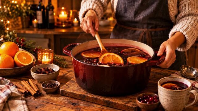 Home cook stirs a steaming pot of spiced citrus drink with orange slices and cinnamon