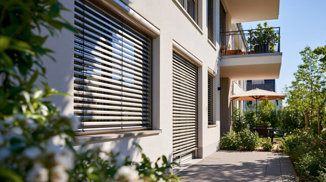 Exterior roller shutters block strong summer sun on residence