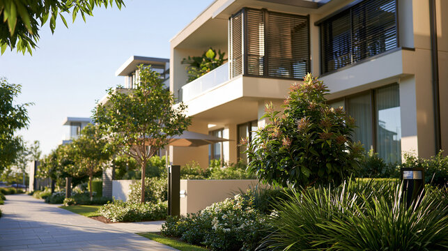 Exterior roller shutters block strong summer sun over residential building