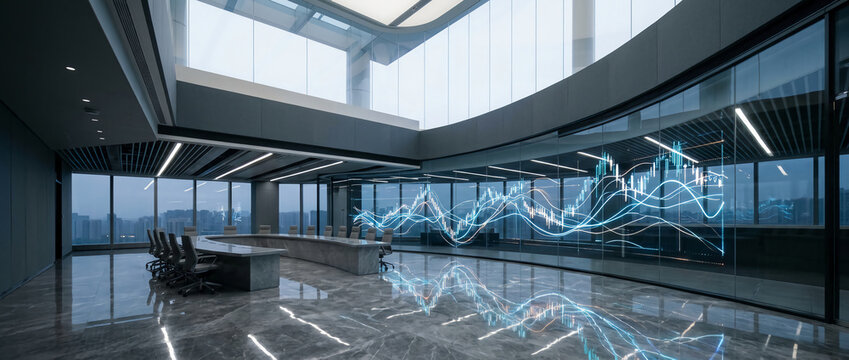 Futuristic financial data charts glowing on the glass walls of a modern corporate conference room with marble floors and professional seating in a high-tech business office at dusk.