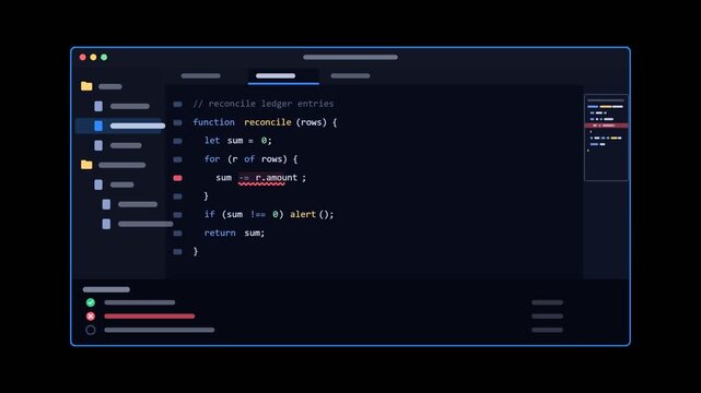 Animated code editor window typing JavaScript code, debugging errors, and completing compilation on a transparent background
