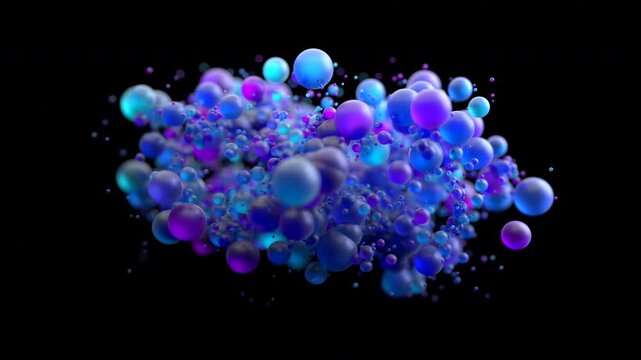 Cluster of glossy blue and purple spheres slowly rotating on a dark black background, molecular structure and nanotechnology concept, seamless loop, 3d rendered animation