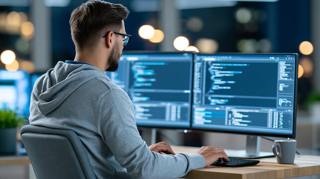 Over-the-shoulder view of a developer comparing SQL query results with relational database tables on two monitors, code editor and structured records visible, database debugging,