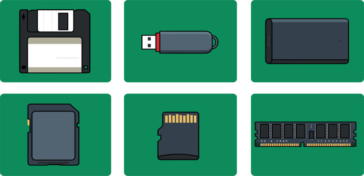 Flat vintage and modern computer data storage media icons vector set with hardware drive elements