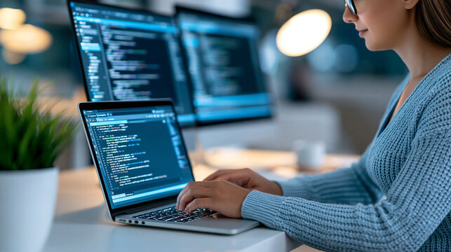 Programmer editing JavaScript source code on a desktop computer, modern development environment with organized code panels, software engineering, web application development,