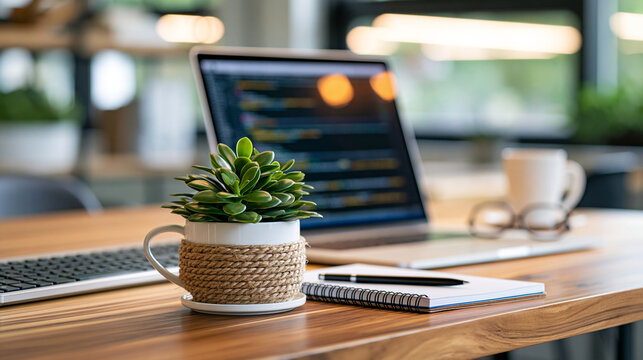 Web development workspace featuring a computer keyboard, laptop, notebook and neatly arranged office accessories, source code softly visible on screen, programming tools, digital
