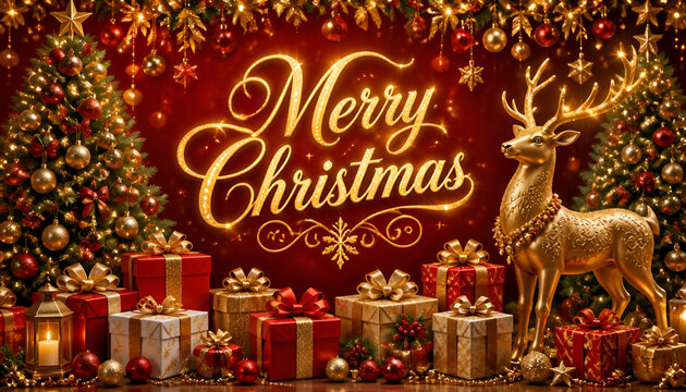 Festive merry christmas greeting with golden reindeer statue and illuminated decorated pine trees and gift boxes