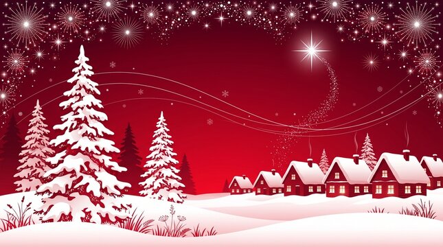 Winter village with snow-covered houses and pine trees at night. Red Winter Landscape
