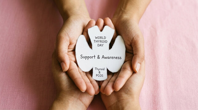 World Thyroid Day Concept Hands Holding Thyroid Shape with Support Awareness Message