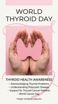 World Thyroid Day Awareness Hands holding pink thyroid shape promoting health and support