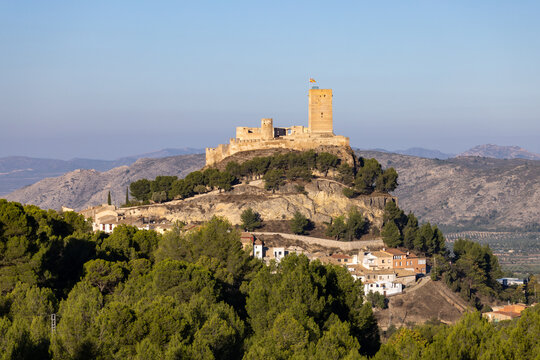 View of the medieval castle at Biar, Alicante, Spain, situated atop a hill
