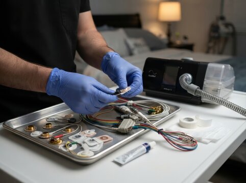 sleep study electrode preparation closeup Person wearing blue gloves assembling medical device components on a tray.