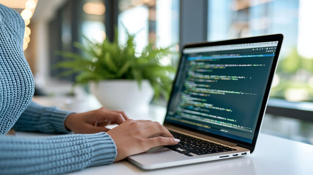 Woman working on a laptop in a bright contemporary room with source code on the screen, natural daylight and clean desk setup, female software developer, web development,