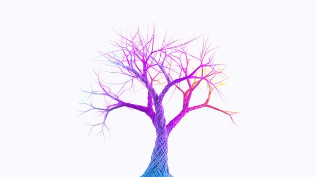 Colorful tree growing from a trunk and spreading branches on a white background, growth and development concept, seamless loop, 3d rendered animation