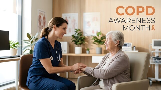 COPD Awareness Month nurse holding elderly patients hand in clinic